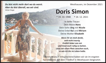 Traueranzeige von Doris Simon von Schwäbische Post