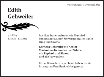 Traueranzeige von Edith Gehweiler von Schwäbische Post