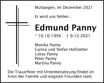 Traueranzeige von Edmund Panny von Gmünder Tagespost