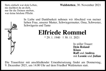 Traueranzeige von Elfriede Rommel von Gmünder Tagespost