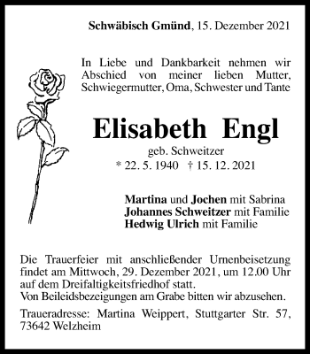 Traueranzeige von Elisabeth Engl von Gmünder Tagespost