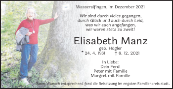 Traueranzeige von Elisabeth Manz von Schwäbische Post