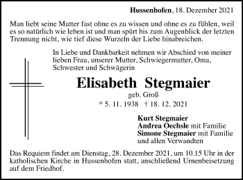 Traueranzeige von Elisabeth Stegmaier von Gmünder Tagespost