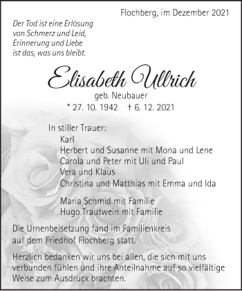 Traueranzeige von Elisabeth Ullrich von Schwäbische Post