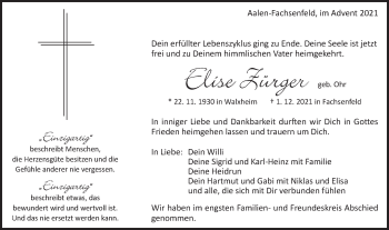 Traueranzeige von Elise Zürger von Schwäbische Post