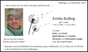 Traueranzeige von Emilia Bulling von Gmünder Tagespost