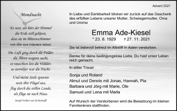 Traueranzeige von Emma Ade-Kiesel von Schwäbische Post