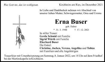 Traueranzeige von Erna Buser von Schwäbische Post