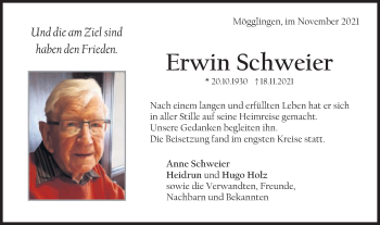 Traueranzeige von Erwin Schweier von Schwäbische Post