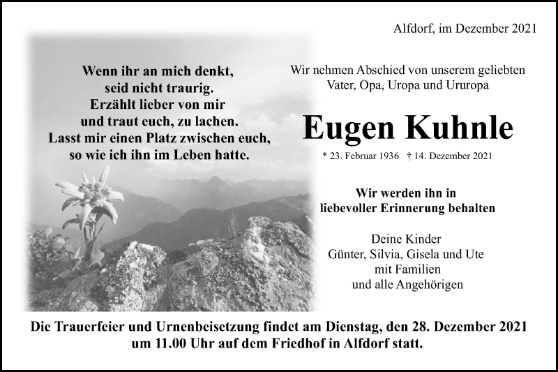  Traueranzeige für Eugen Kuhnle vom 22.12.2021 aus Schwäbische Post