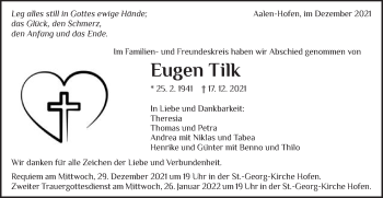 Traueranzeige von Eugen Tilk von Schwäbische Post