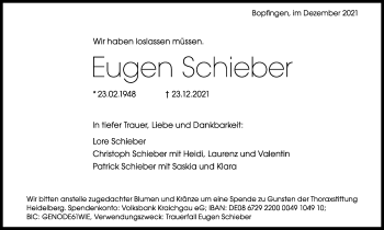 Traueranzeige von Eugeun Schieber von Schwäbische Post