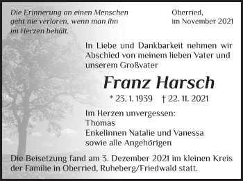 Traueranzeige von Franz Harsch von Schwäbische Post