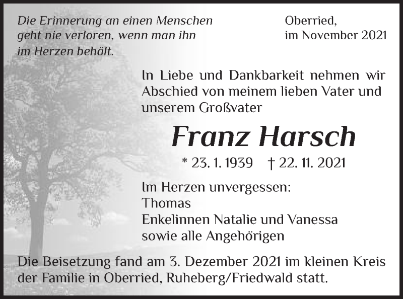  Traueranzeige für Franz Harsch vom 08.12.2021 aus Schwäbische Post