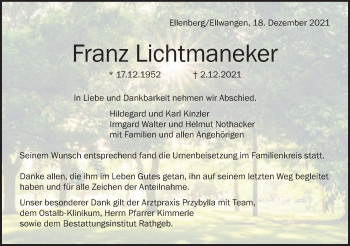 Traueranzeige von Franz Lichtmaneker von Schwäbische Post