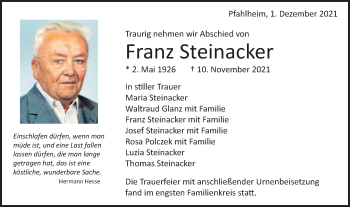 Traueranzeige von Franz Steinacker von Schwäbische Post