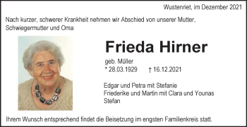 Traueranzeige von Frieda Hirner von Gmünder Tagespost