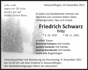 Traueranzeige von Friedrich Schwarz von Schwäbische Post