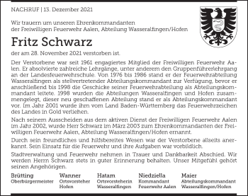 Traueranzeige von Fritz Schwarz von Schwäbische Post