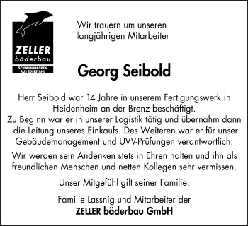 Traueranzeige von Georg Seibold von Schwäbische Post