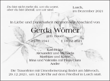 Traueranzeige von Gerda Wörner von Gmünder Tagespost