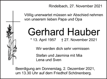 Traueranzeige von Gerhard Hauber von Schwäbische Post