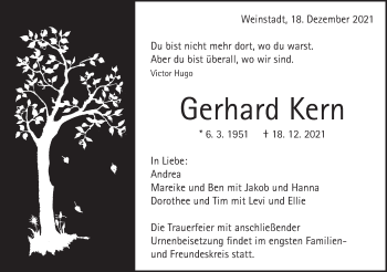 Traueranzeige von Gerhard Kern von Gmünder Tagespost