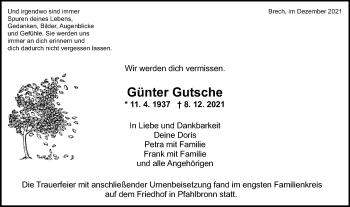 Traueranzeige von Günter Gutsche von Gmünder Tagespost