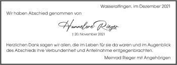 Traueranzeige von Hannelore Rieger von Schwäbische Post