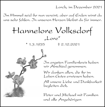 Traueranzeige von Hannelore Volksdorf von Gmünder Tagespost