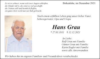 Traueranzeige von Hans Grau von Gmünder Tagespost