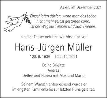 Traueranzeige von Hans-Jürgen Müller von Schwäbische Post