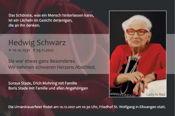 Traueranzeige von Hedwig Schwarz von Schwäbische Post