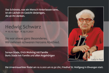 Traueranzeige von Hedwig Schwarz