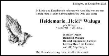 Traueranzeige von Heidemarie Waluga von Schwäbische Post