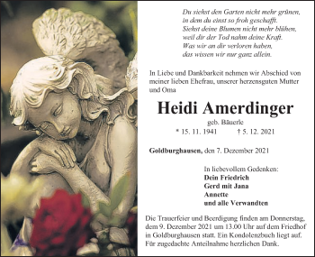 Traueranzeige von Heidi Amerdinger von Schwäbische Post