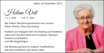 Traueranzeige von Helene Veit von Schwäbische Post