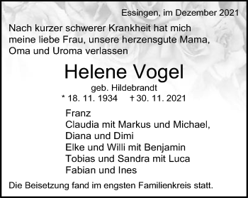 Traueranzeige von Helene Vogel von Schwäbische Post