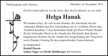 Traueranzeige von Helga Hanak von Schwäbische Post