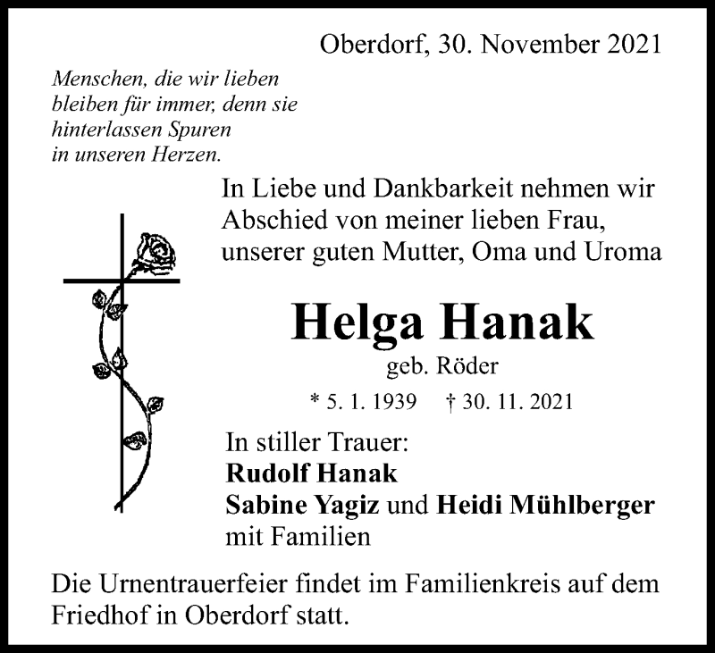 Traueranzeige für Helga Hanak vom 04.12.2021 aus Schwäbische Post