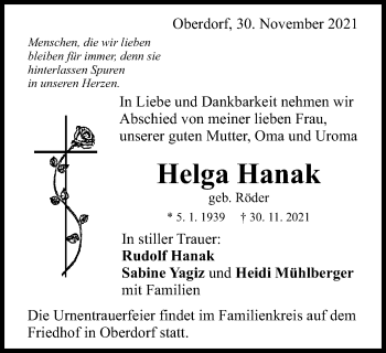 Traueranzeige von Helga Hanak von Schwäbische Post