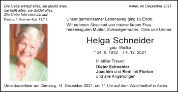 Traueranzeige von Helga Schneider von Schwäbische Post