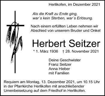 Traueranzeige von Herbert Seitzer von Gmünder Tagespost