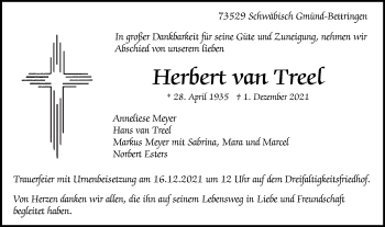 Traueranzeige von Herbert van Treel von Gmünder Tagespost