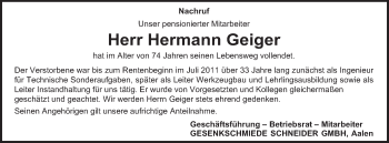 Traueranzeige von Hermann Geiger von Schwäbische Post