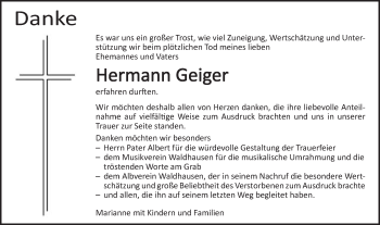 Traueranzeige von Hermann Geiger von Schwäbische Post