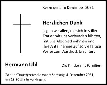 Traueranzeige von Hermann Uhl von Schwäbische Post