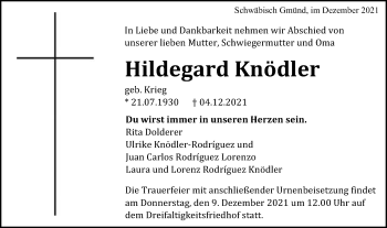 Traueranzeige von Hildegard Knödler von Gmünder Tagespost