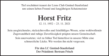 Traueranzeige von Horst Fritz von Gmünder Tagespost