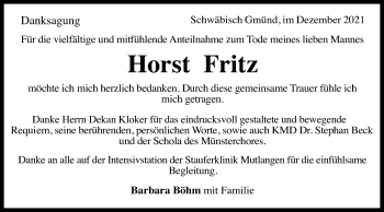 Traueranzeige von Horst Fritz von Gmünder Tagespost